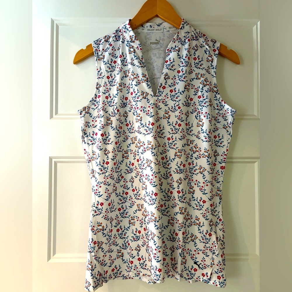 Puma Mattr Micro White Floral Sleeveless Golf Polo Shirt
